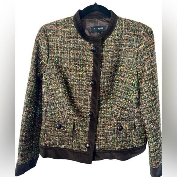 Talbots Woman's Brown Tweed Blazer Suede Trim details Jacket Size 10 Petite - Picture 1 of 11